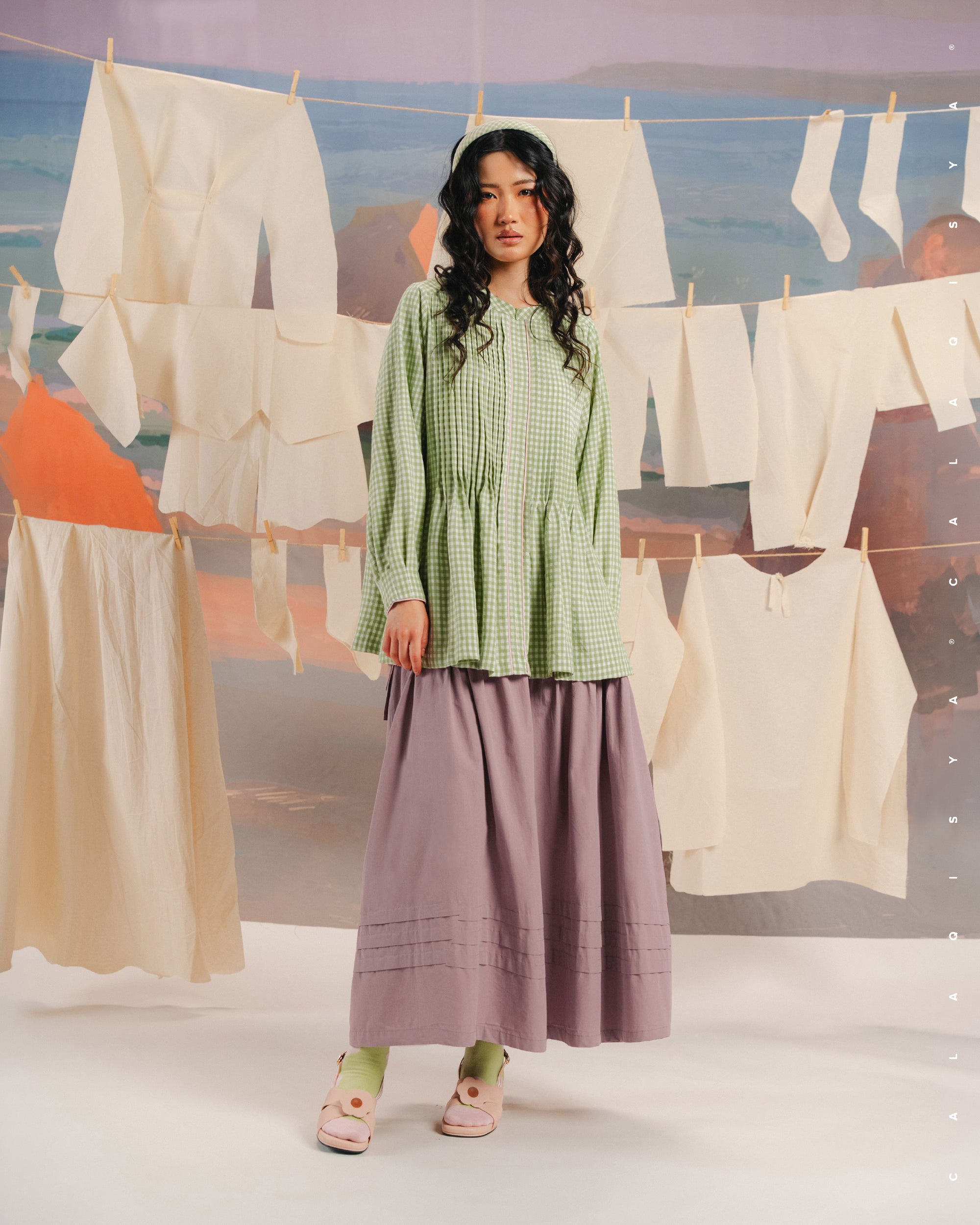 CQ X MACHINO MORA CHECKERED TOP IN PALE GREEN